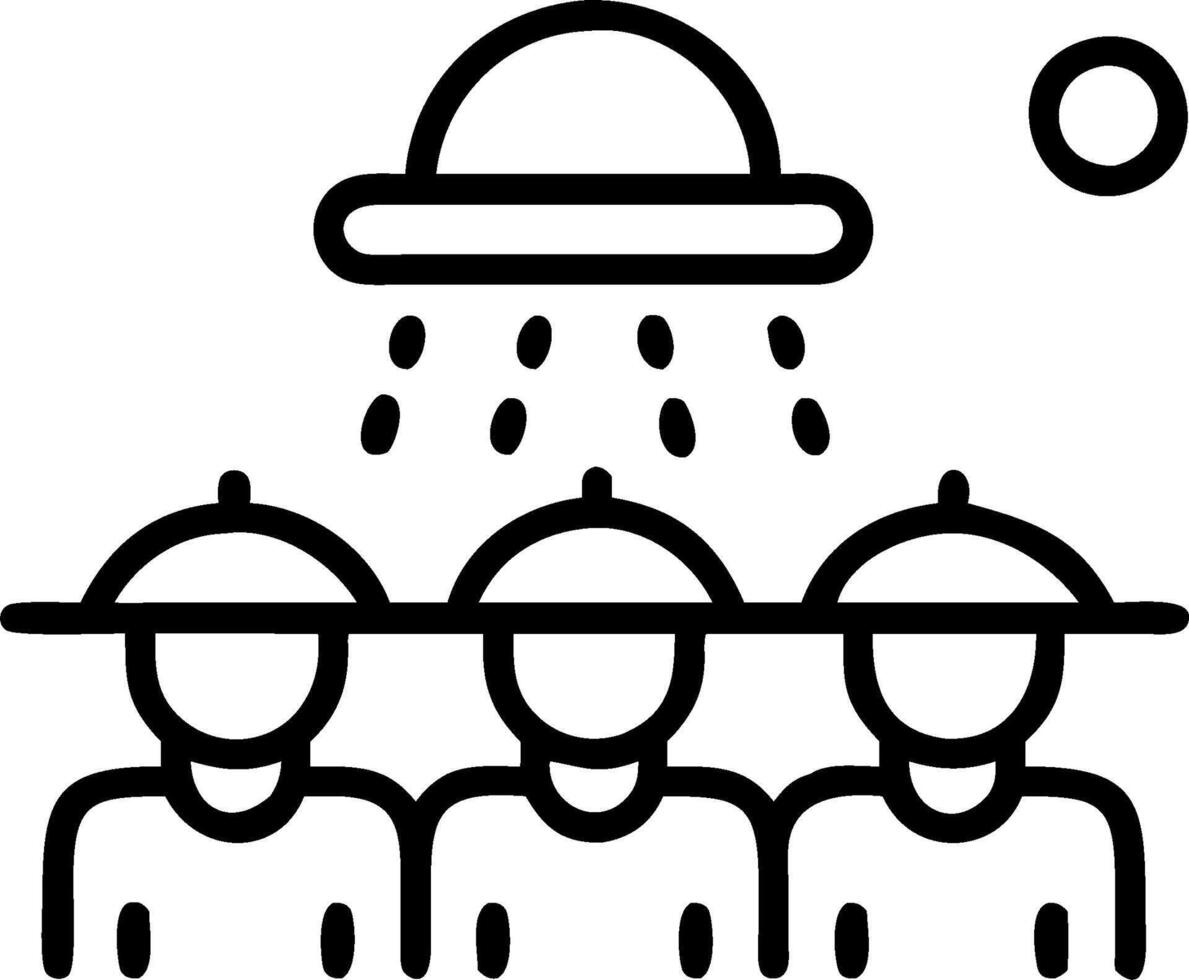 People with Rain Hats and Raindrops concept as A group of people wearing rain hats catching raindrops set against a dreamy background offering ample space for te vector