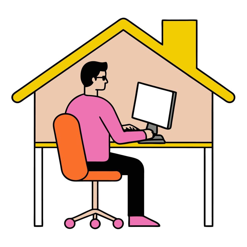 Person with a minimalist home office ergonomic chair and digital interface overlay symbolizing efficient work from home setup in double exposure with copy space. vector