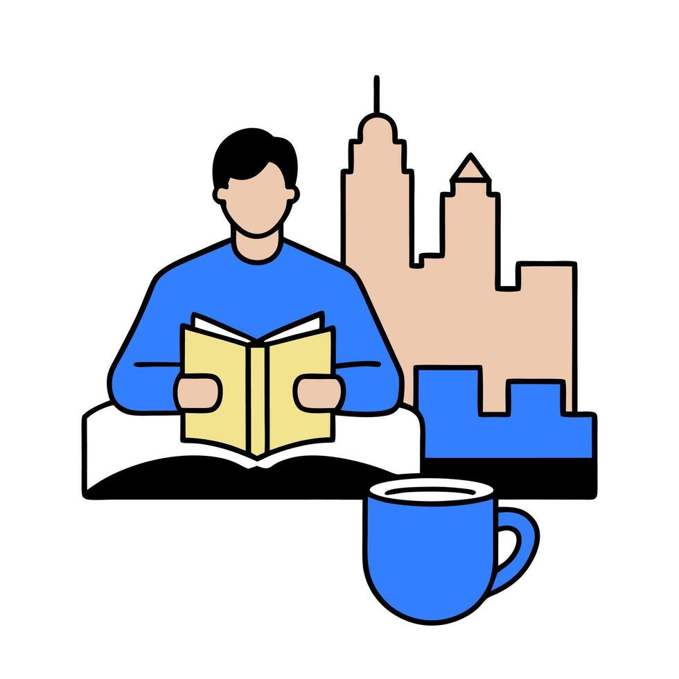 Person with a Philadelphia cityscape book and coffee overlay symbolizing cultural city life in double exposure with copy space. concept as A person intertwined w vector