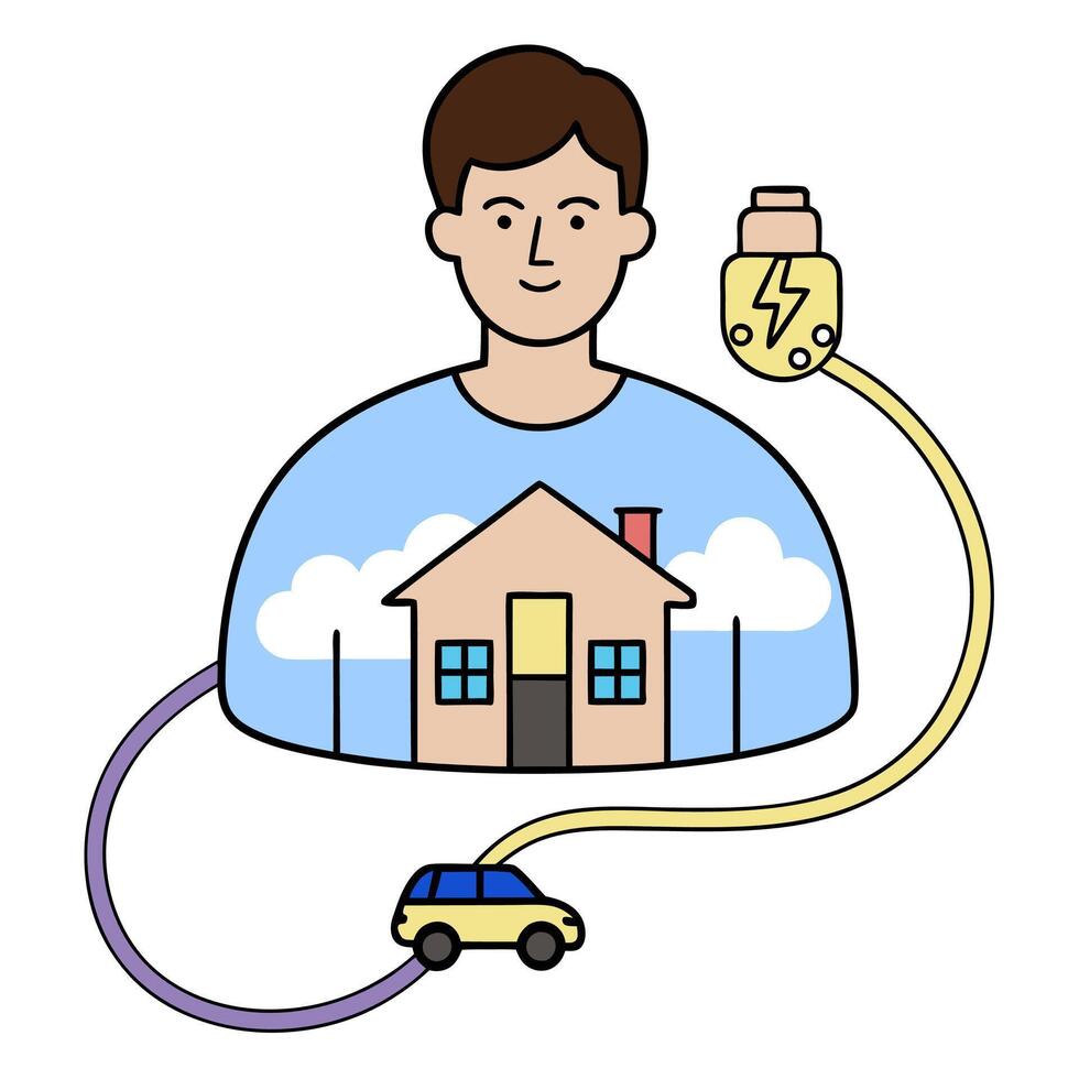 Person with a smart home device electric vehicle and cityscape overlay symbolizing sustainable modern American living in double exposure with copy space. concept vector