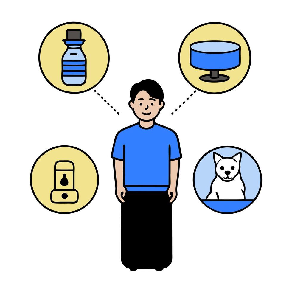 Person with automated pet water dispenser and tech overlay symbolizing smart pet hydration in double exposure with copy space. concept as A person intertwined wi vector