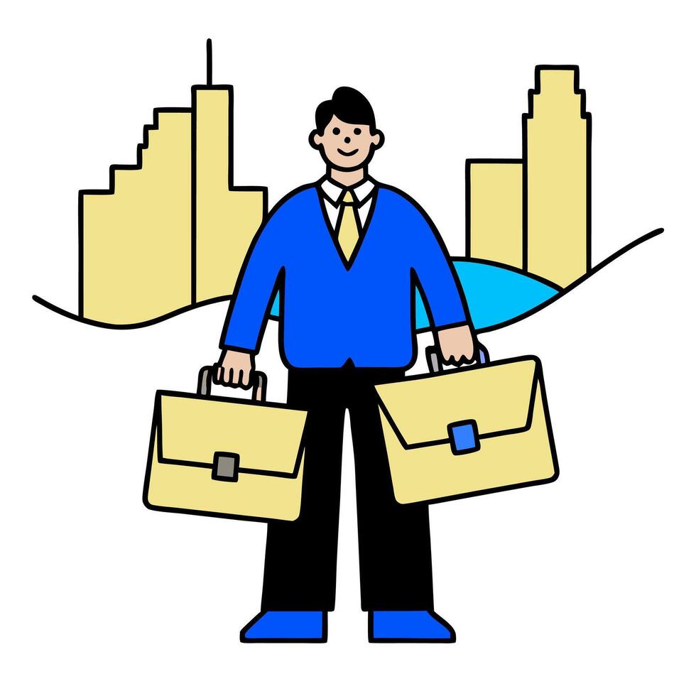 Person with briefcase documents and cityscape overlay symbolizing American urban professional lifestyle in double exposure with copy space. concept as A person i vector