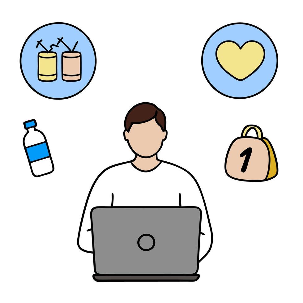 Person with gym bag laptop and water bottle overlay symbolizing American work life balance in double exposure with copy space. concept as A person intertwined wi vector