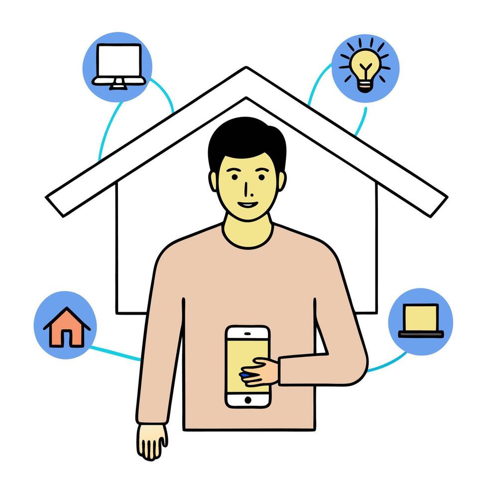 Person with smart home device and tech overlay symbolizing integrated smart living in double exposure with copy space. concept as A person intertwined with a sma vector