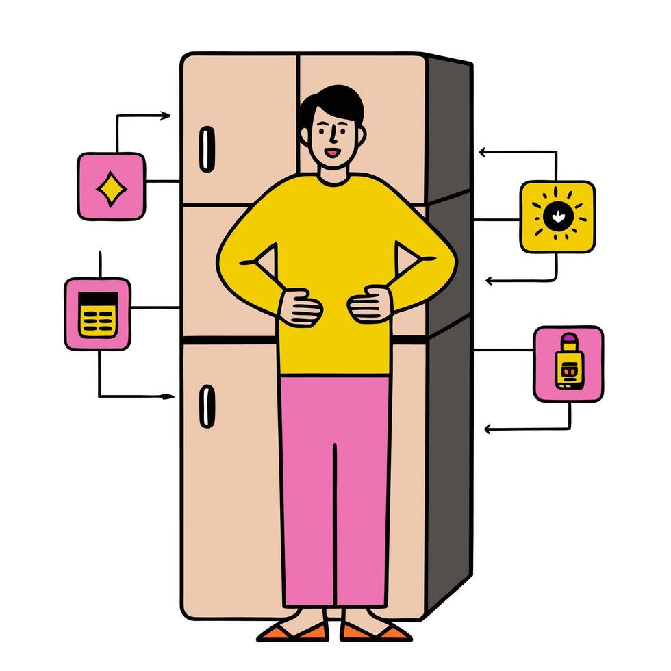 Person with smart fridge and tech overlay symbolizing advanced kitchen technology in double exposure with copy space. concept as A person intertwined with a smar vector