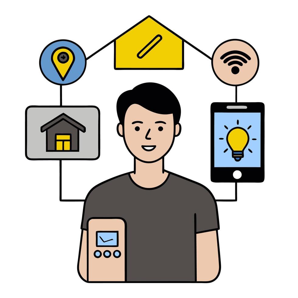 Person with smart home device and tech overlay symbolizing integrated smart living in double exposure with copy space. concept as A person intertwined with a sma vector