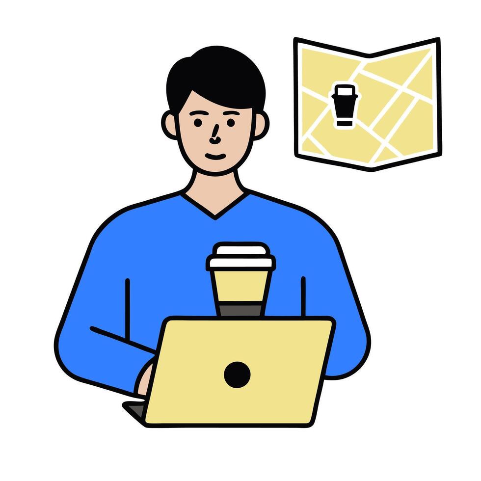Person with takeaway coffee laptop and city map overlay symbolizing American on the go work lifestyle in double exposure with copy space. concept as A person int vector