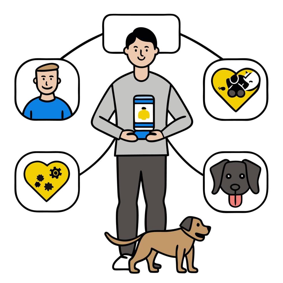 Pet owner with digital training tools and tech overlay symbolizing advanced pet training in double exposure with copy space. concept as A pet owner blended with vector