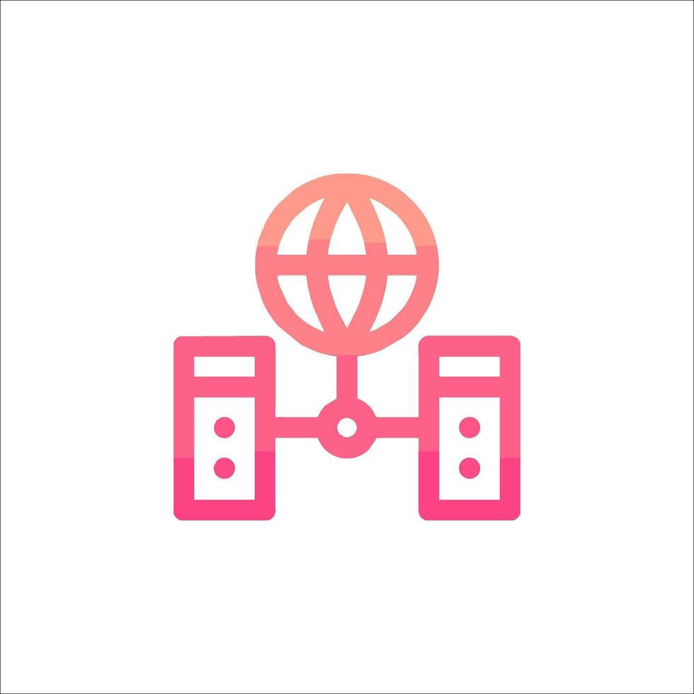 A pink and red icon of a computer and a globe vector