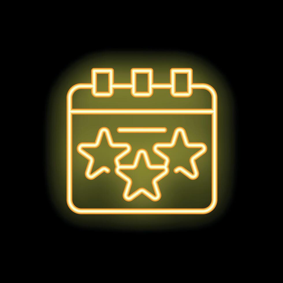 Neon yellow calendar icon showing three stars on black background vector