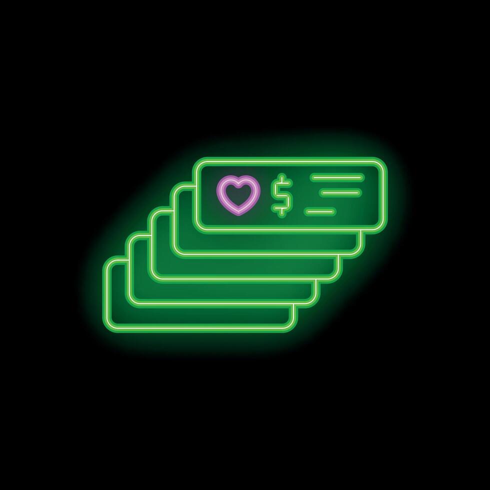 Neon green donation ticket with heart glowing on black background vector