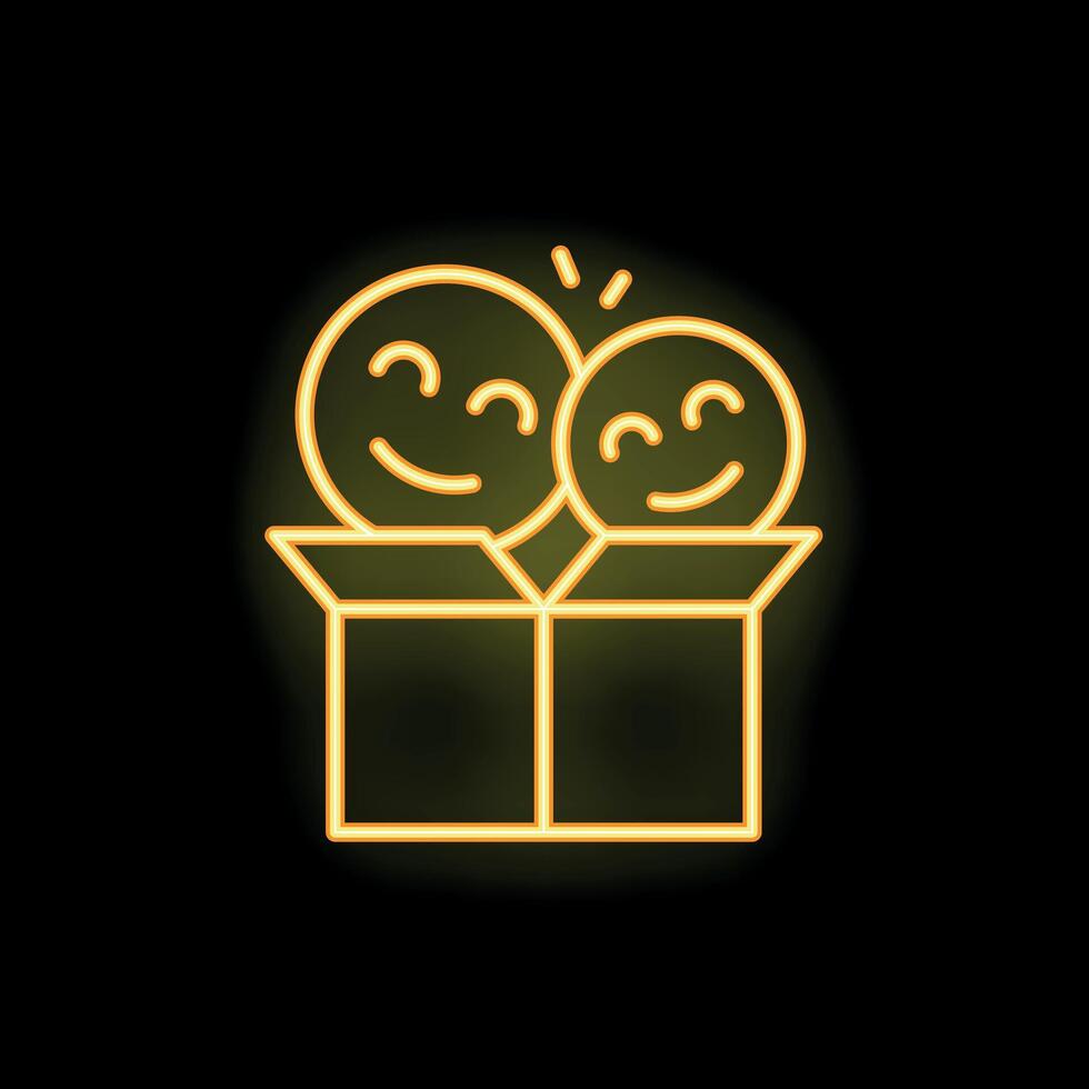 Neon icon of two happy emojis popping out of a cardboard box on black background vector