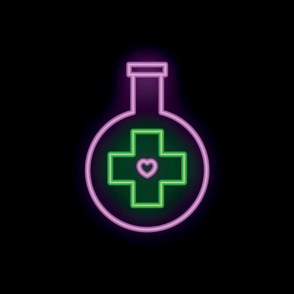 Neon icon of medical flask with heart and cross showing healthcare and love vector