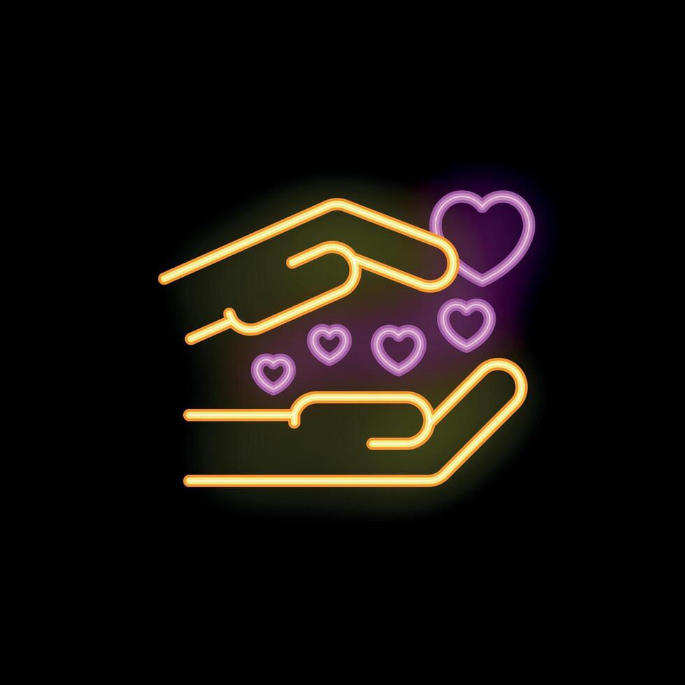 Two hands protecting falling hearts neon sign on black background vector