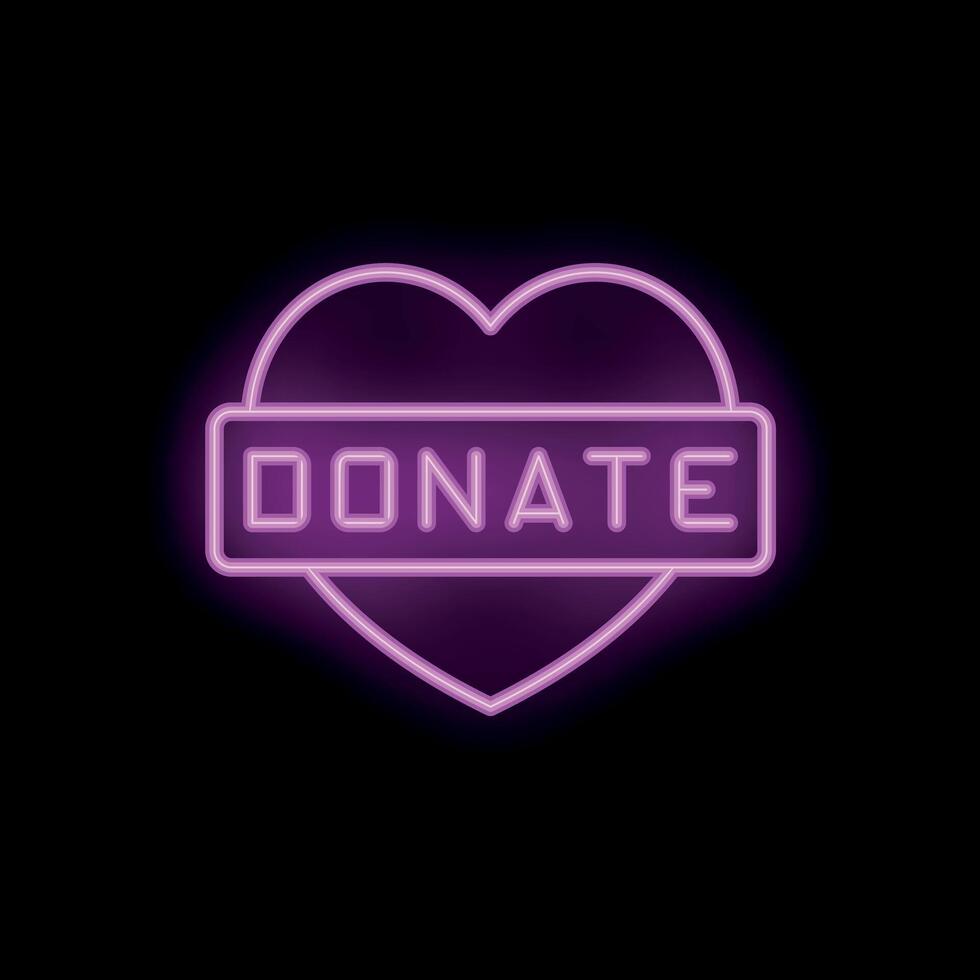 Neon pink donate sign with heart symbol on black background vector