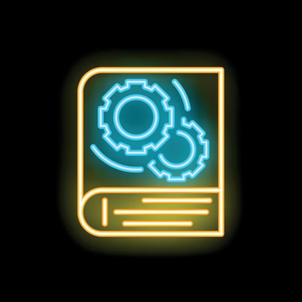 Neon icon of technical manual with gears representing engineering vector