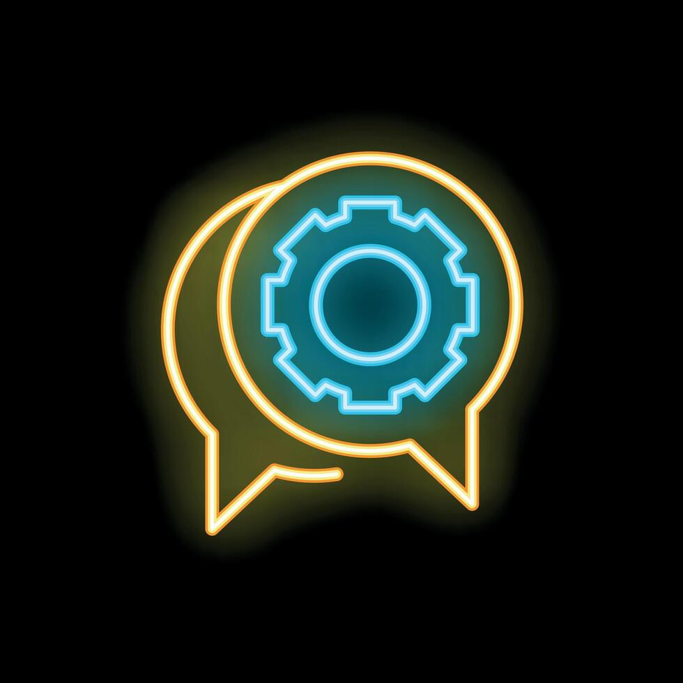 Neon icon of two speech bubbles communicating with a gear inside representing technical support vector
