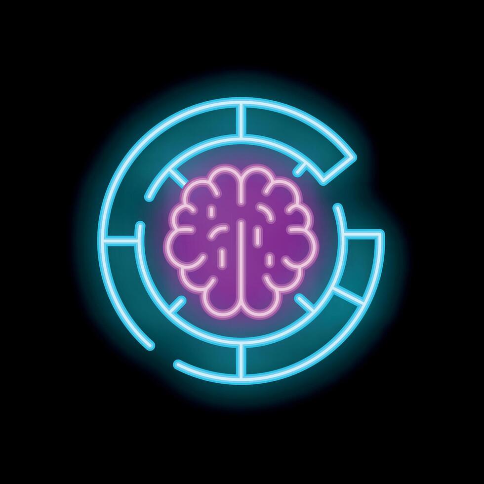 Neon icon of brain surrounded by circular maze representing artificial intelligence vector