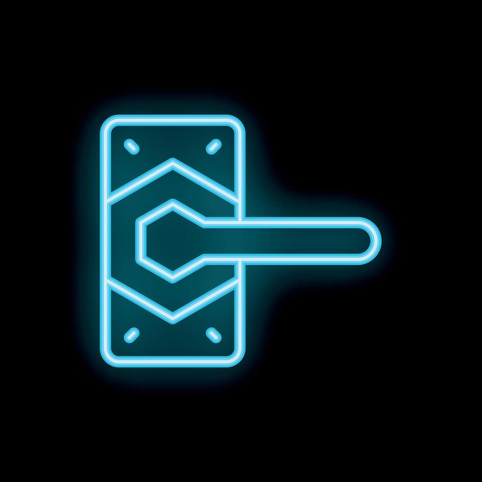 Blue neon door handle icon glowing against a black background vector