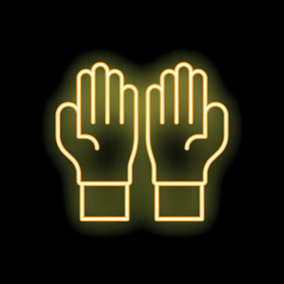 Yellow neon sign of praying hands on black background vector