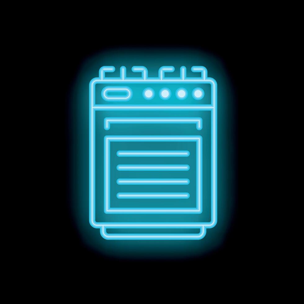 Blue neon icon of oven with opened door on black background vector