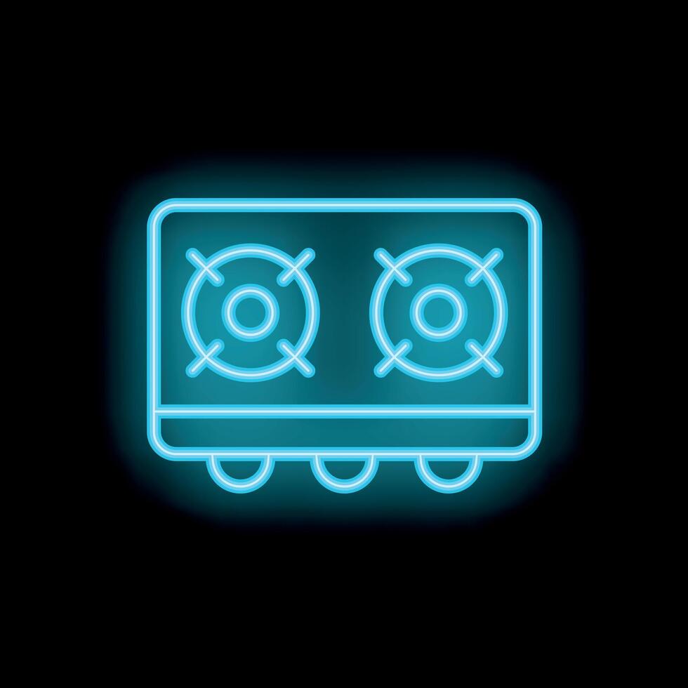 Glowing blue neon icon of a gas stove with burning burners vector
