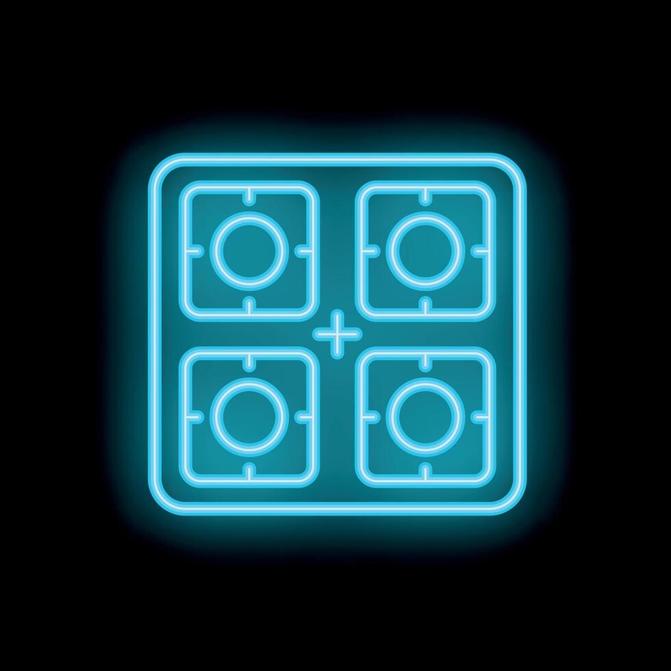 Blue neon sign icon of a gas stove with four burners on a black background vector