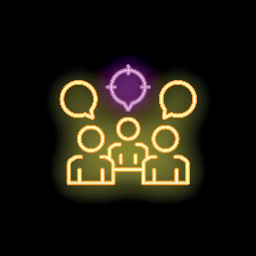 Neon icon of audience targeting, digital marketing, and focus group with speech bubbles vector