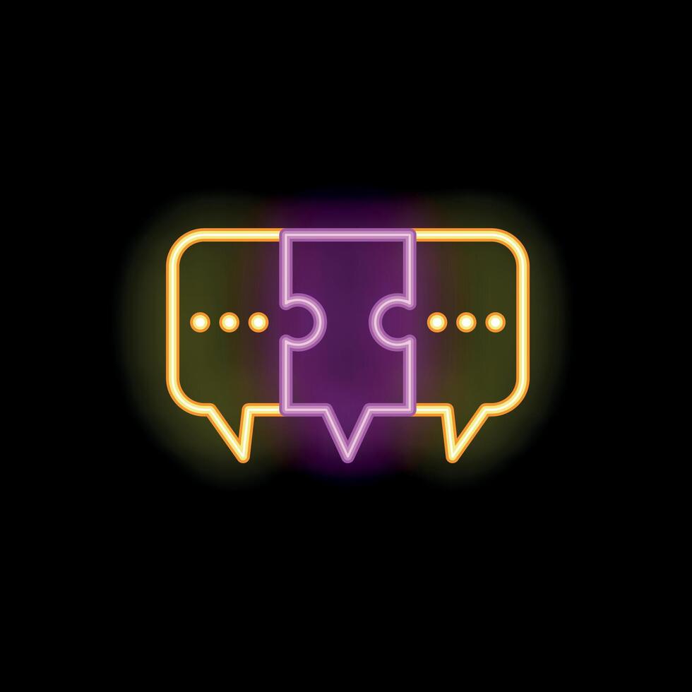 Neon icon of two speech bubbles communicating through puzzle piece vector