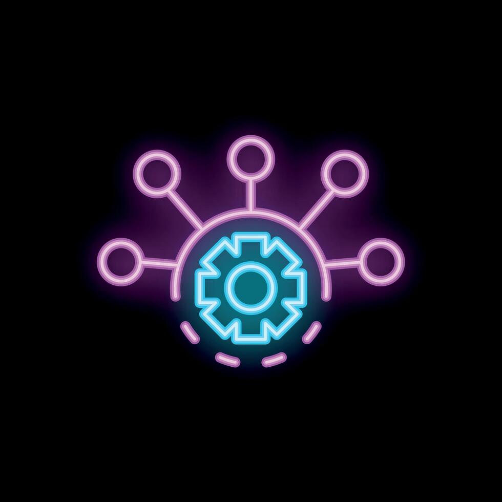 Neon sign representing automation process with gear and network on black background vector