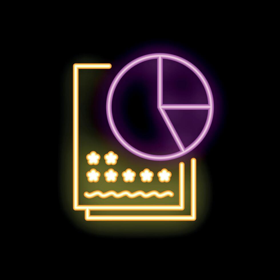 Neon icon of pie chart over documents representing business analysis and financial success vector