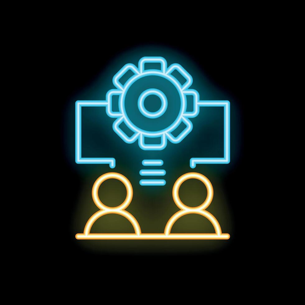 Neon icon of two businessmen sharing business idea, brainstorming, teamwork vector