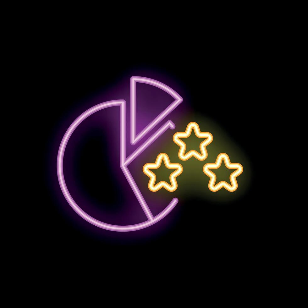 Neon icon of pie chart generating stars representing customer satisfaction and positive feedback vector