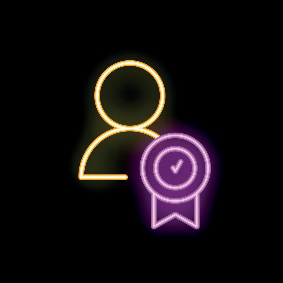 Neon icon of person receiving a guarantee badge vector