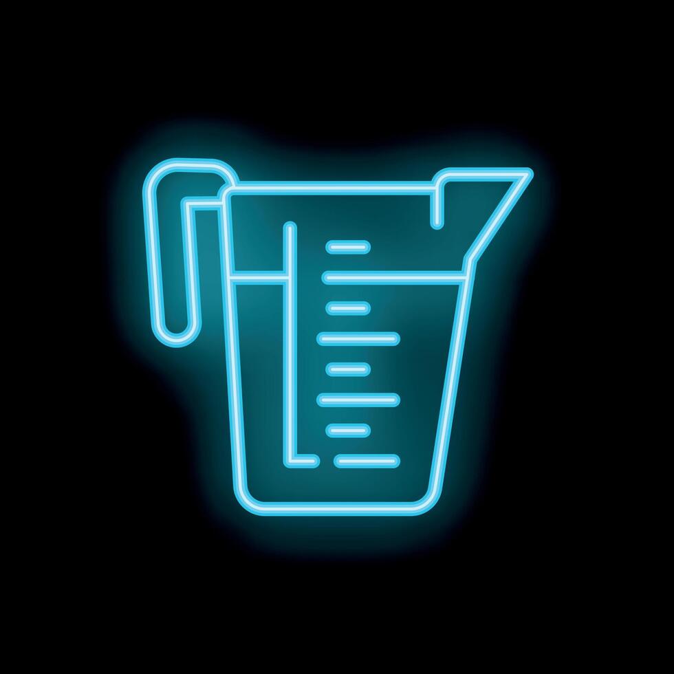 Blue neon sign showing measuring cup with handle on black background vector