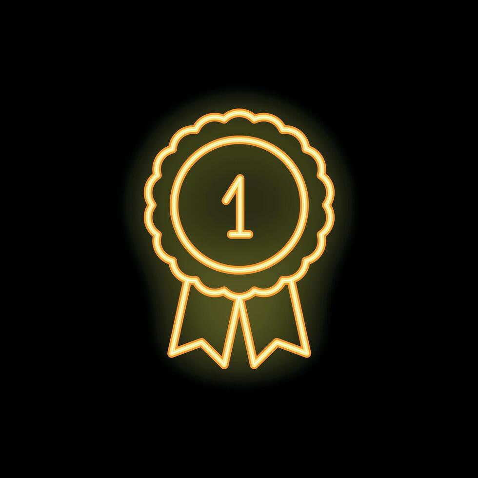 Glowing neon icon of first place award ribbon with number one representing victory vector