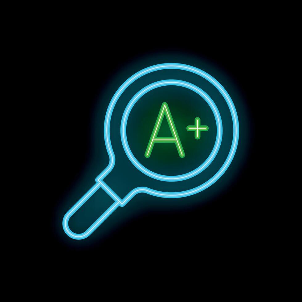 Neon magnifying glass searching for a plus grade symbol vector