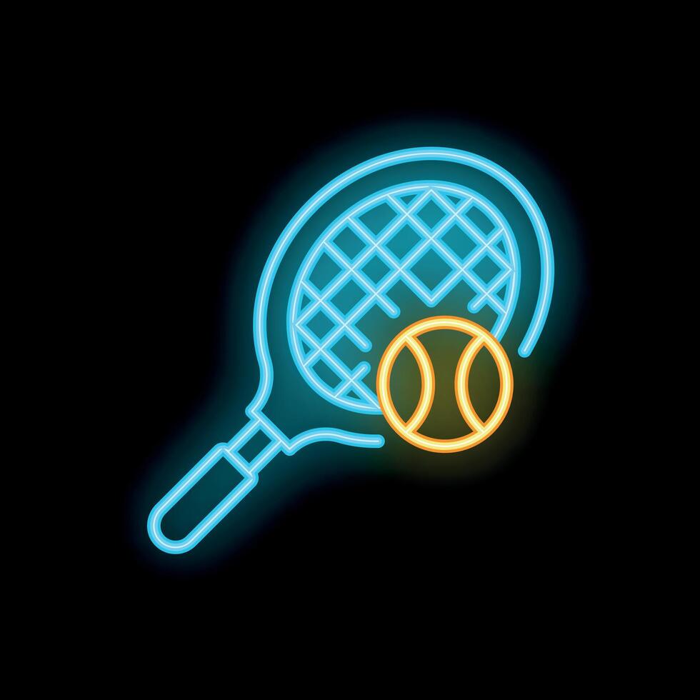 Neon tennis racket hitting ball icon on black background vector