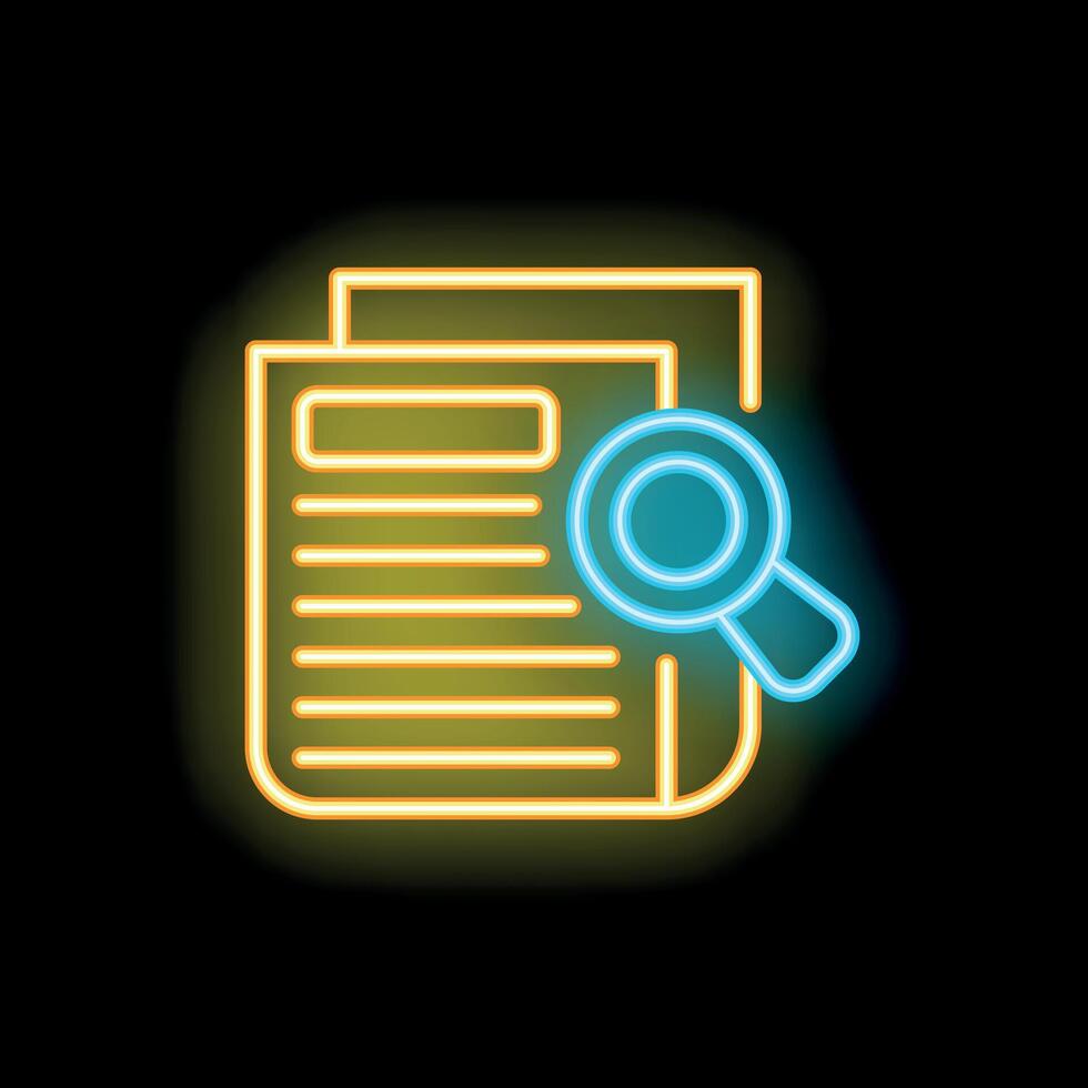 Neon icon of magnifying glass searching document representing due diligence vector