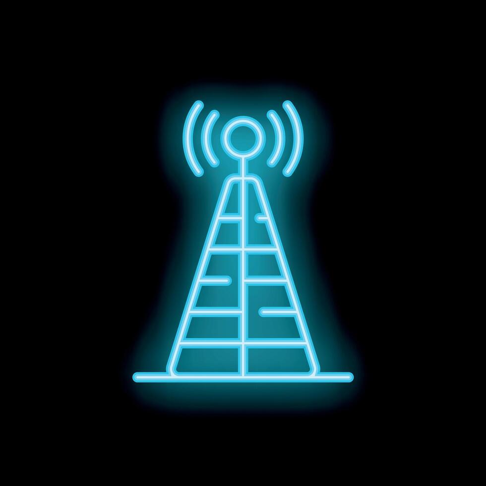 Neon icon of telecommunication tower emitting radio waves vector