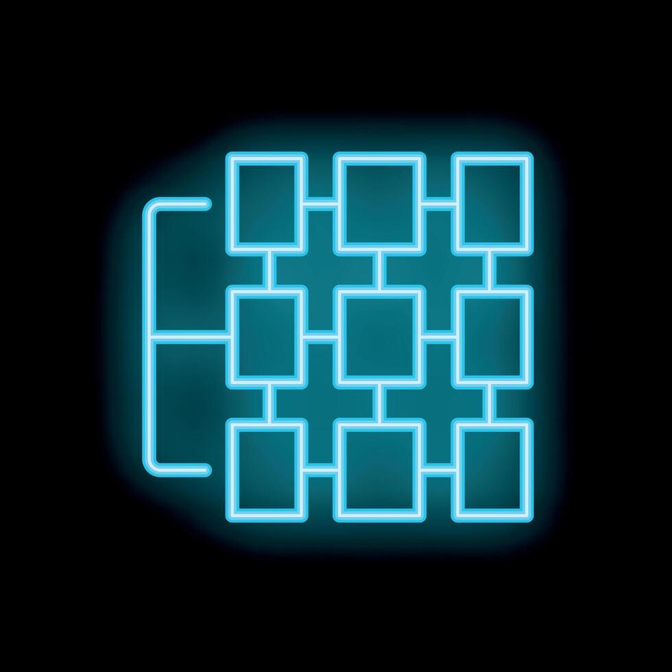 Neon blue flowchart showing interconnected boxes on black background vector