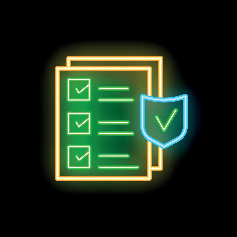 Neon shield protecting checklist icon symbolizing security and safety vector