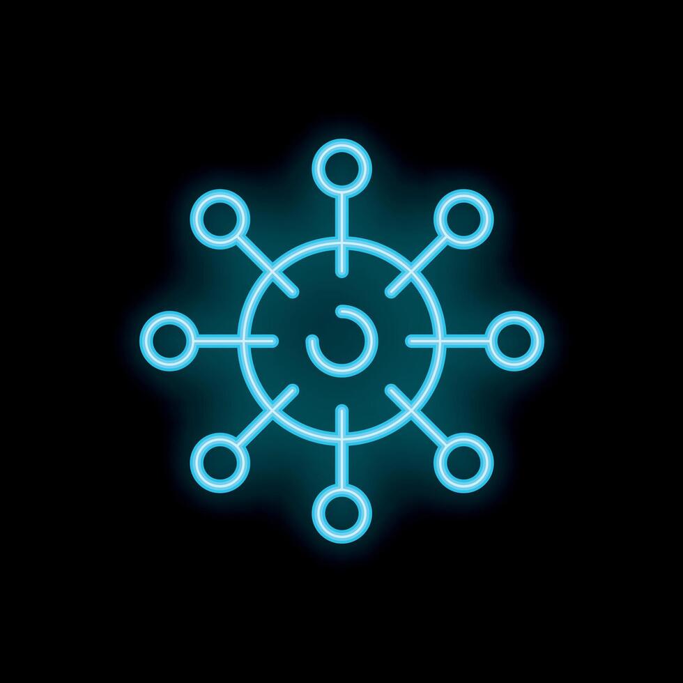 Neon icon of a network representing a central hub with connections vector