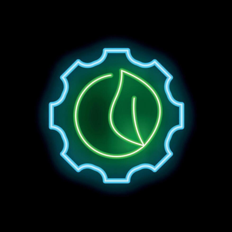 Neon sign showing green leaf inside gear for eco friendly technology vector