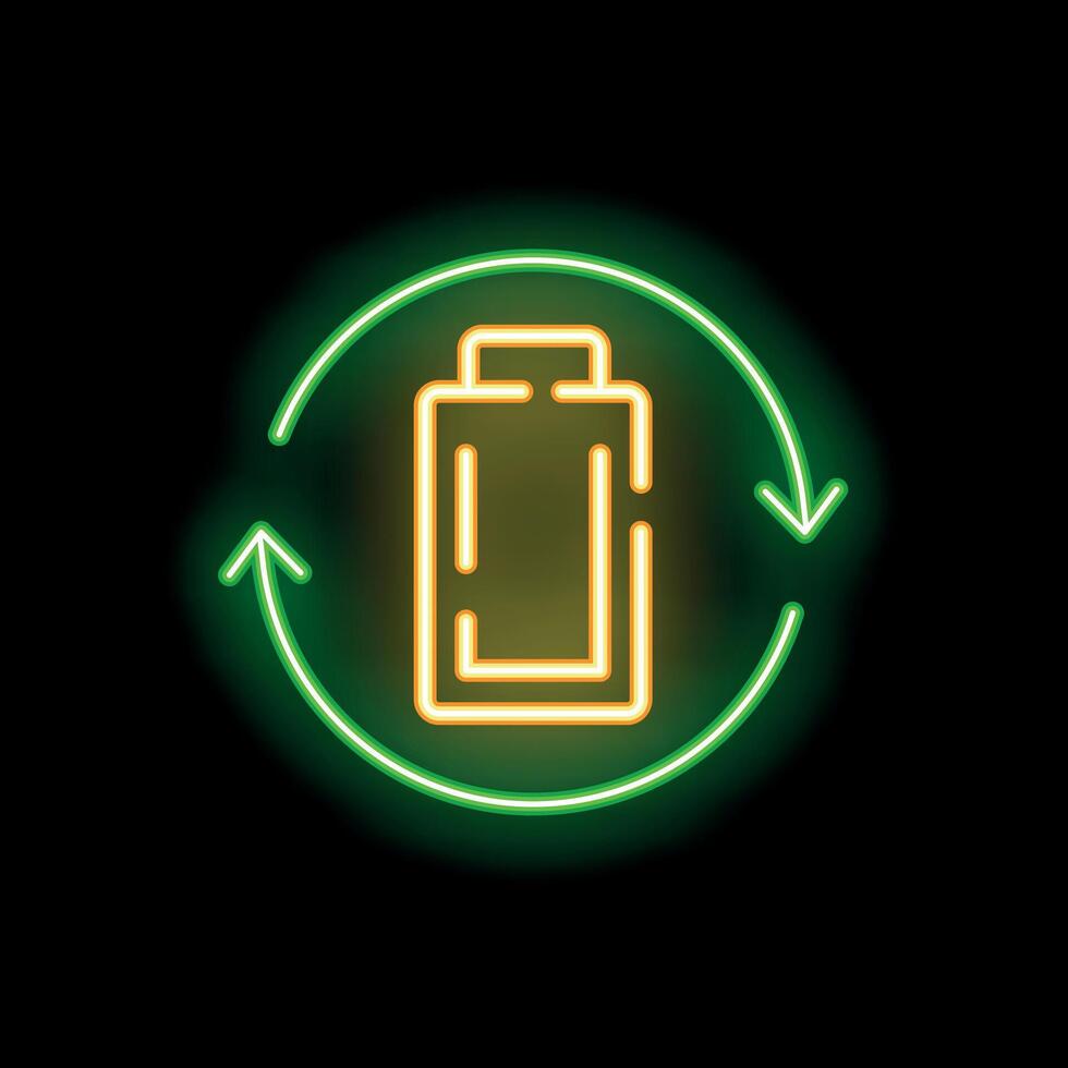 Neon sign depicting a battery recycling process with green arrows vector