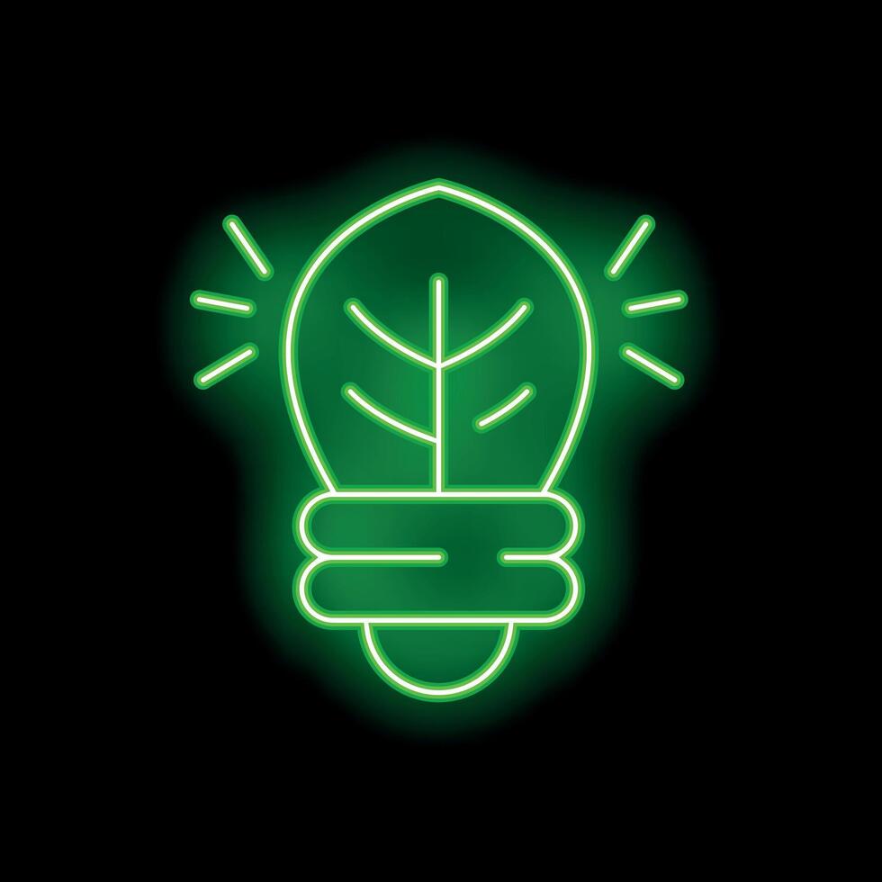 Neon green light bulb with leaf inside symbolizing green energy vector