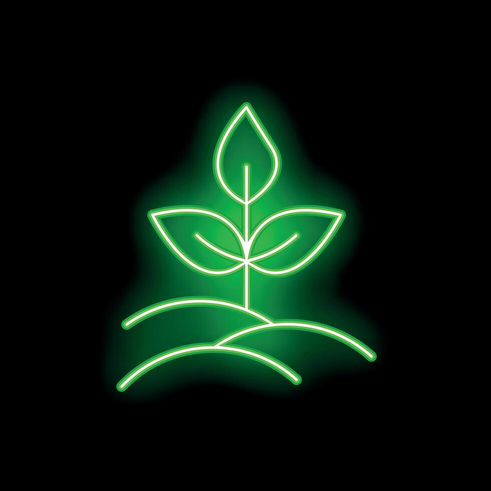 Green neon plant growing from ground icon on black background vector