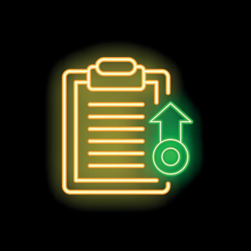 Neon sign showing clipboard with upload symbol on black background vector