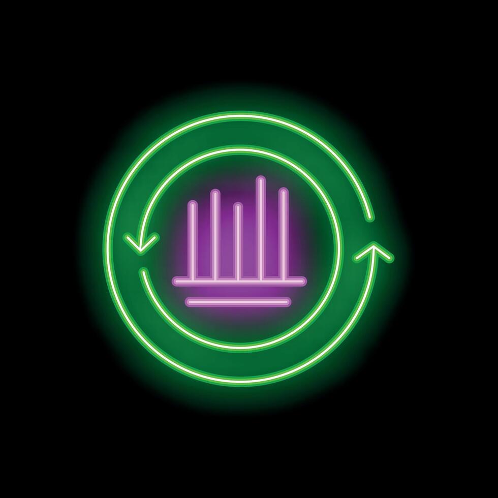 Neon sign representing recurring update with bar chart inside a circular arrow vector