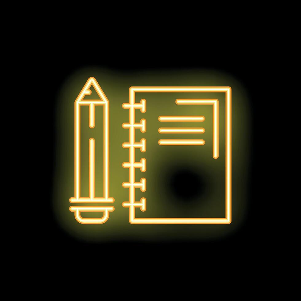 Neon yellow notepad and pencil icon glowing on black background vector